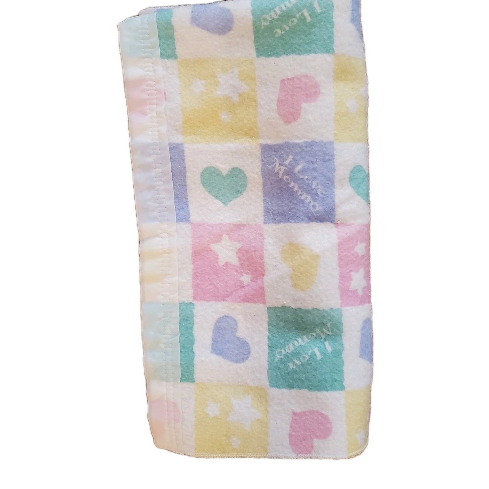 Vintage‎ I Love Mommy Heart Stars Pastel Baby Blanket Nylon Trim Owen